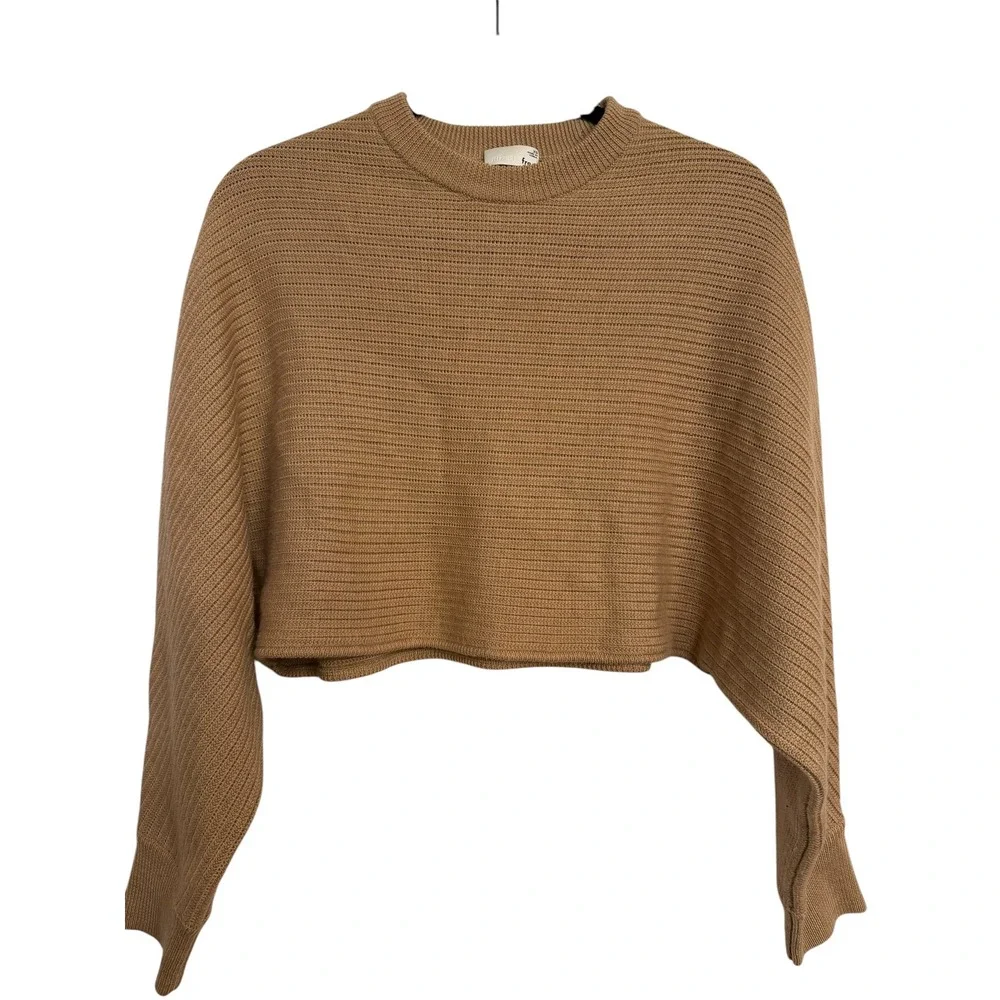 Aritzia Wilfred Free Cropped Ribbed Knit Sweater Camel Brown XS Crew Neck Boxy